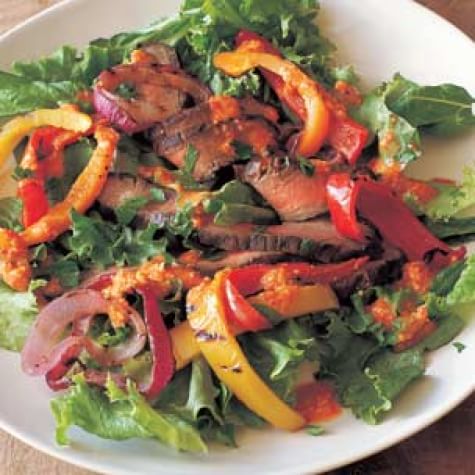Grilled Steak, Pepper and Onion Salad with Romesco Dressing