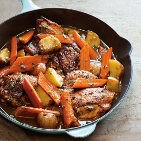 Braised Chicken Thighs with Carrots Potatoes and Thyme