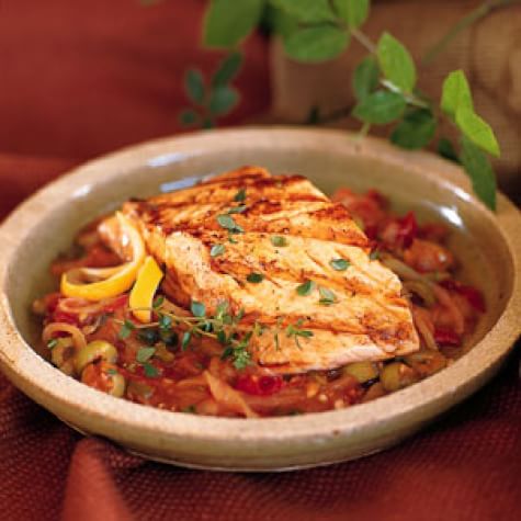 Grilled Salmon with Lemon-and-Thyme-Scented Salsa Veracruzana