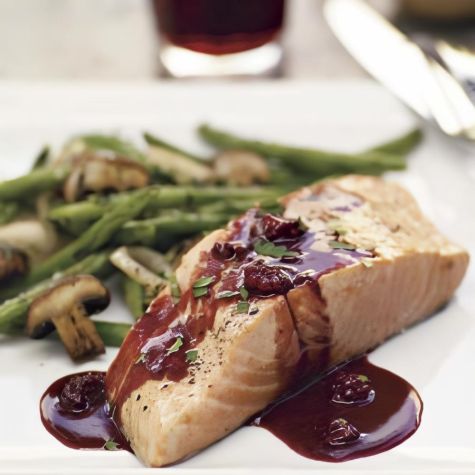 Planked Salmon with Pinot Noir-Berry Sauce