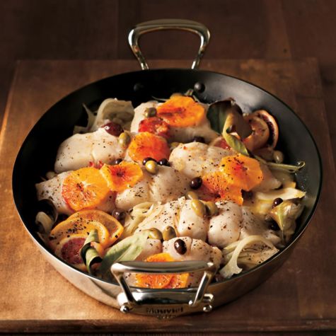 Roasted Sea Bass with Fennel, Blood Oranges & Olives