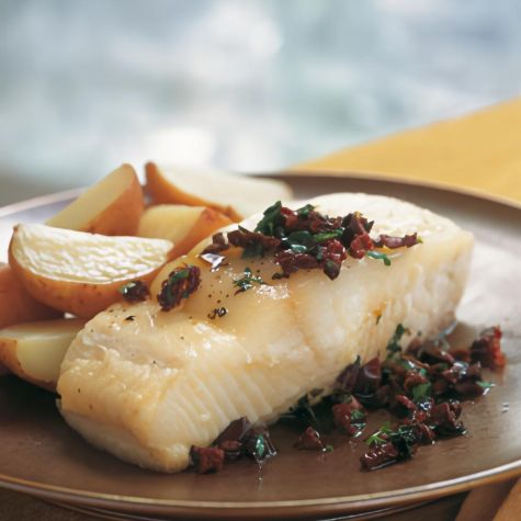 Oil-Poached Halibut with Olives