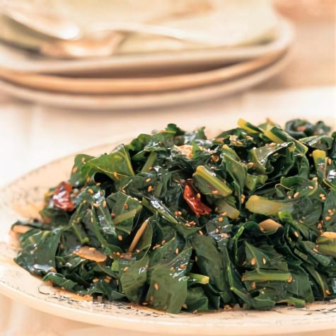 Collard Greens with Benne Seeds and Chili Oil