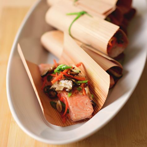 Salmon Steamed in Cedar Papers with Shiitake Salad