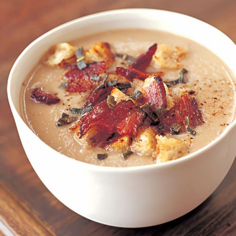 Chestnut and Celery Root Soup with Sage Croutons and Bacon