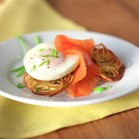 Potato Pancakes with Poached Eggs & Smoked Salmon