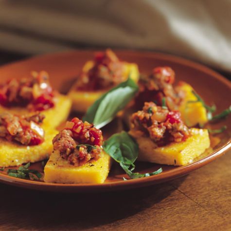 Polenta Crostini with Sausage Topping