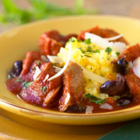 Polenta with Sausages and Tomato-Olive Ragout