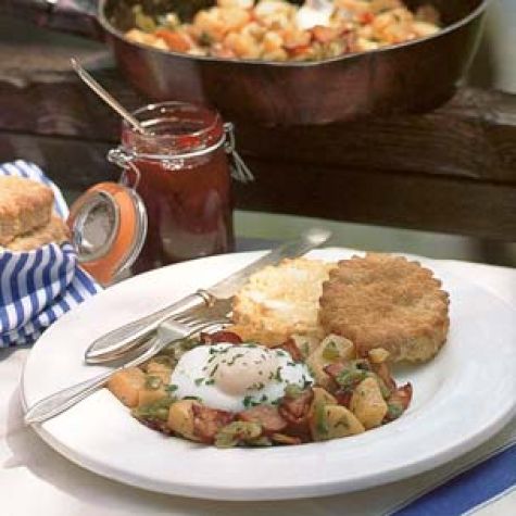 Canadian Bacon Hash with Poached Eggs