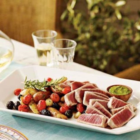 Grilled Potatoes with Tomatoes and Olives
