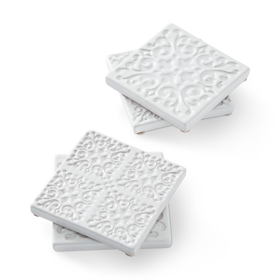 White Ceramic Embossed Drink Coasters 