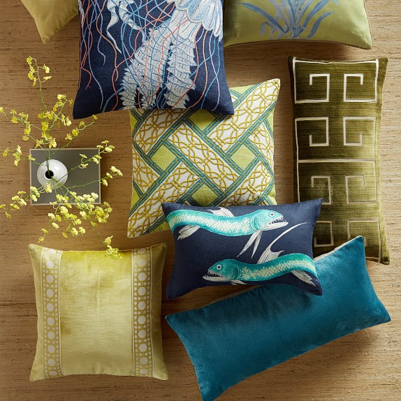 Navy Multi Jellyfish Embroidered Linen Throw Pillow Williams Sonoma
