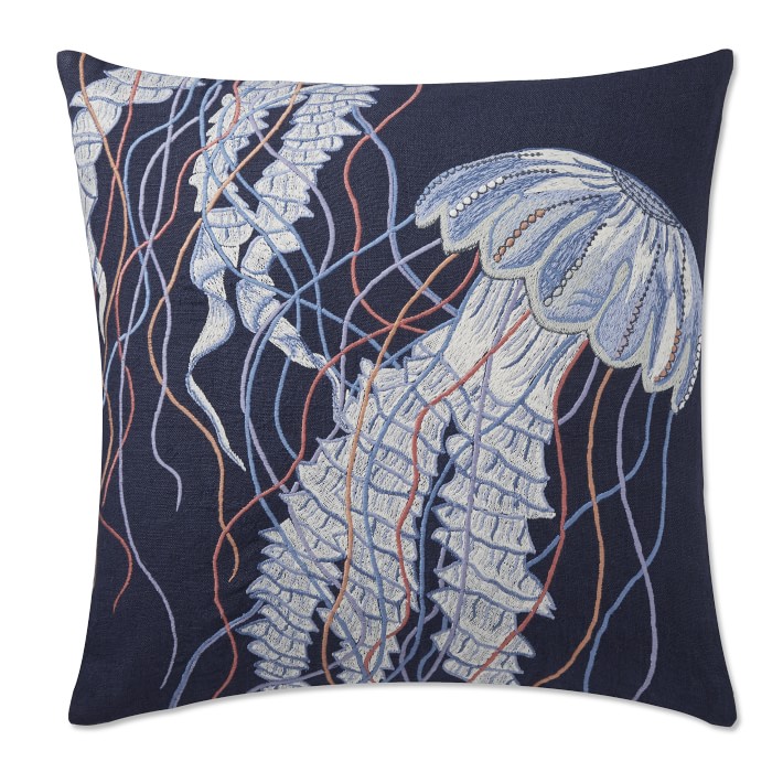 Navy Multi Jellyfish Embroidered Linen Throw Pillow Williams Sonoma