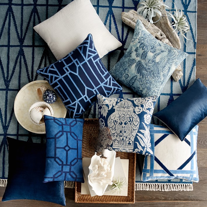 blue patterned throw pillows