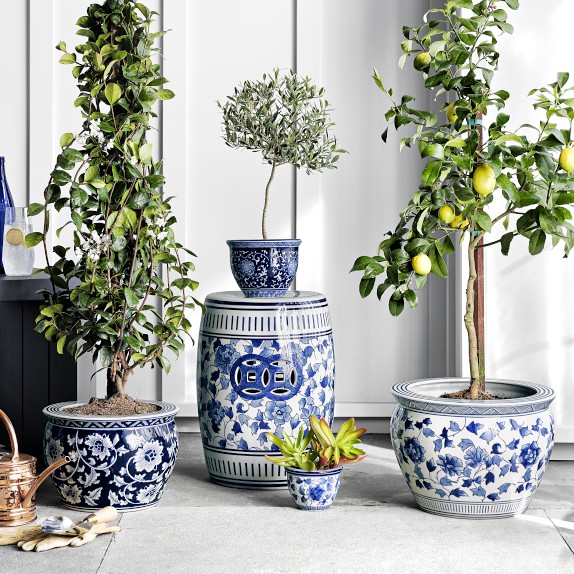 Antiqued Blue & White Ceramic Garden Hanging Planter Pot Plant Flower Herb 