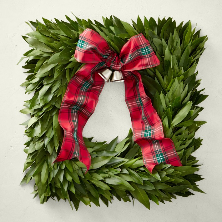 Bay Leaf Square Wreath with Tartan Ribbon Williams Sonoma