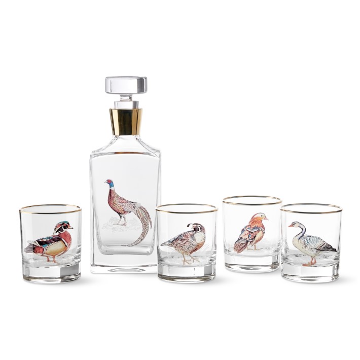 Plymouth Birds Whiskey Decanter & Double OldFashioned Glasses Set of