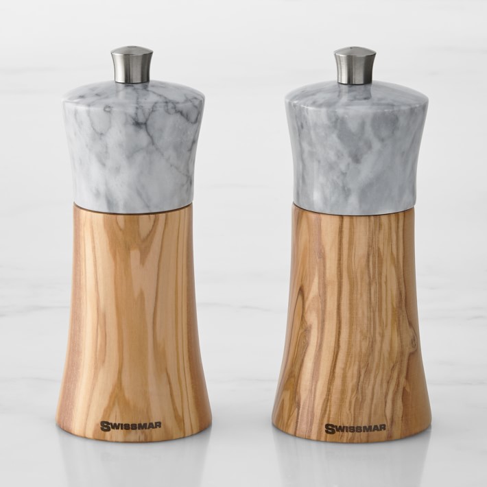 Olivewood + Marble Salt & Pepper Grinders Williams Sonoma