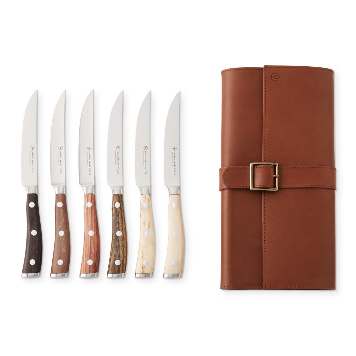 Wüsthof Ikon 6Piece Mixed Wood Steak Knife Set with Leather Knife Roll