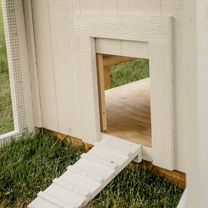 Charming White Chicken Coop with Silver Metal Roof, Chicken Run, and Cedar Cupola Williams Sonoma