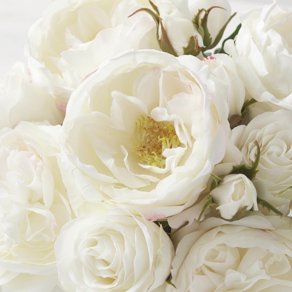 Faux White Rose Arrangement in Small Square Vase Williams Sonoma