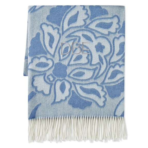 Blue Izmira Floral Patterned Jacquard Cashmere Blanket Williams Sonoma