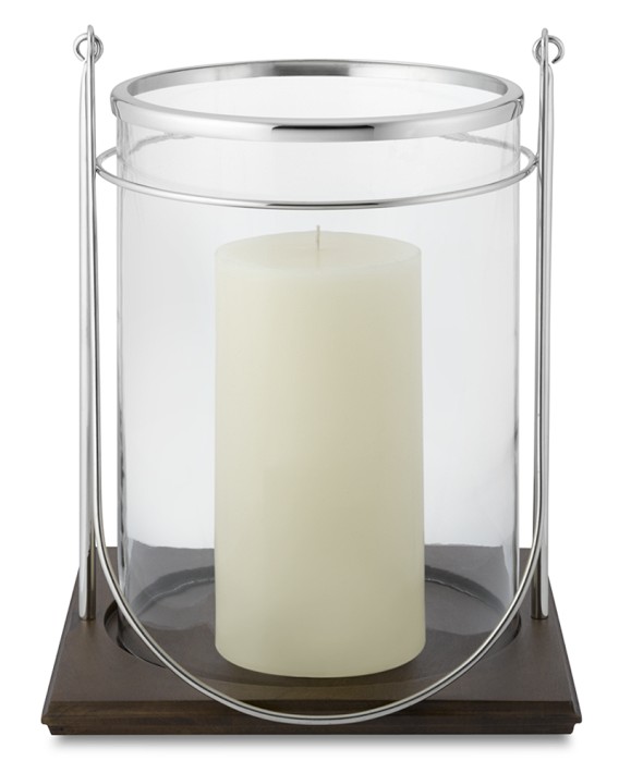 Handled Polished Nickel Hurricane Candle Holder With Wooden Base