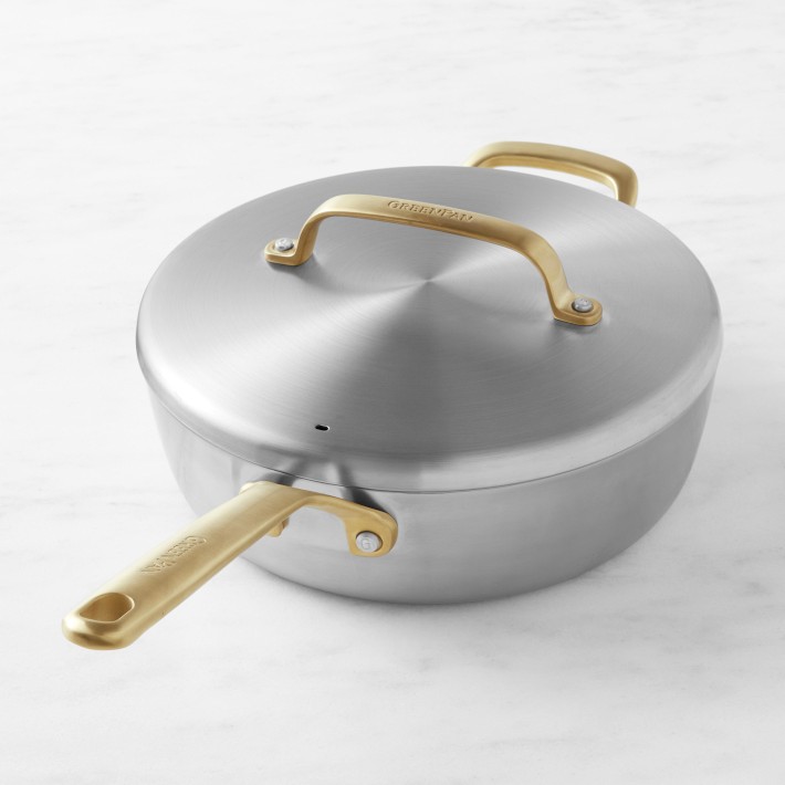 Edition Ceramic Nonstick 4QT Saute Pan with Helper Handle and Lid, PFAS-Free,  Gold Air fryer