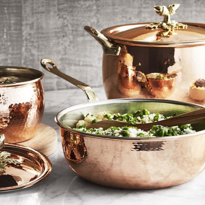 CREARTISTIC 100% Made in Italy Copper pot – Italian Risotto Copper Chef Pot  - 11x3.3 inch, 3.7 Qt –2 Brass Handles - Hand hammered - Practical spout 