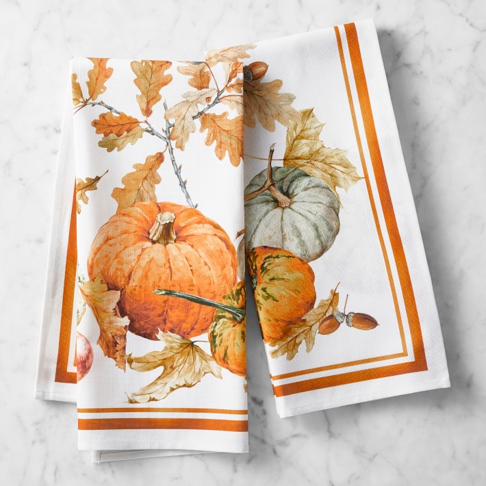 BRAND NEW Williams Sonoma Botanical Pumpkin Kitchen Towels Set of Two