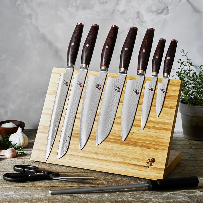 Jean Dubost 4 Piece Kitchen Knife Set with Red Handles on Magnetic Block