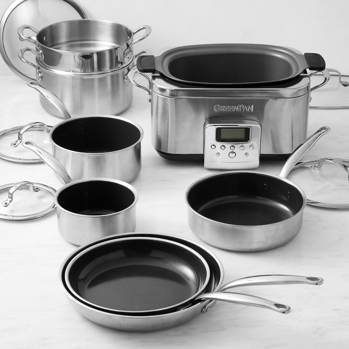 Williams Sonoma GreenPan™ Premiere Stainless-Steel Ceramic Nonstick  11-Piece Cookware Set with Slow Cooker