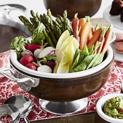 Glass salad bowl with woven rattan holder