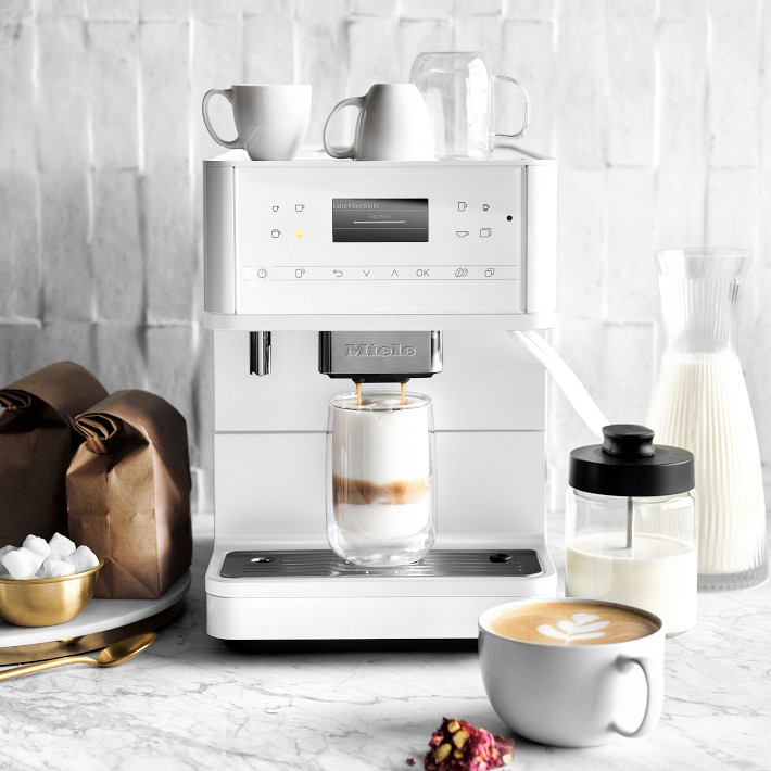 Modern Espresso Machine Pouring Coffee Glass Cup Milk White
