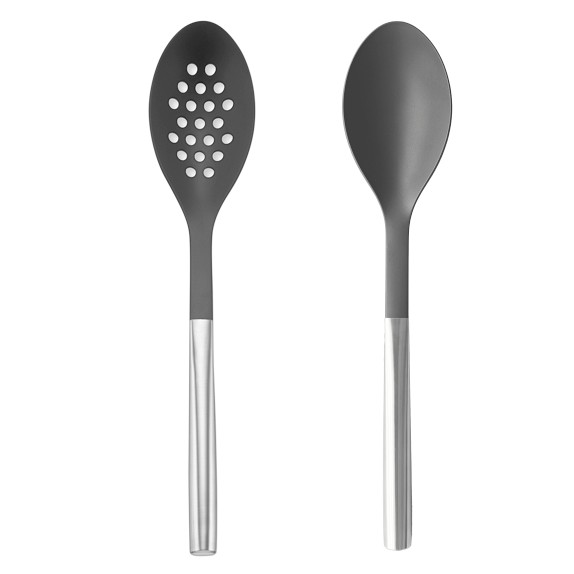 2 Pack Large Silicone Cooking Spoon, Non-Stick Slotted and Solid Spoon set  with Deep Bolw and Measurement Mark for Mixing, Serving, Draining