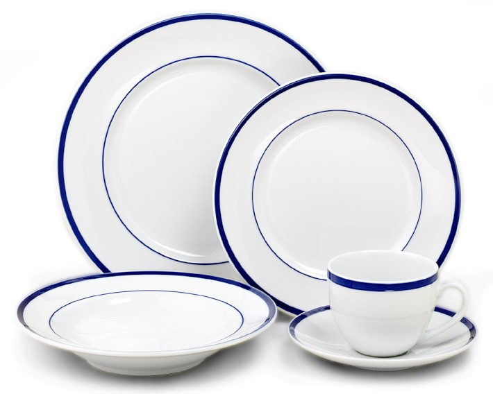 Williams Sonoma Brasserie Blue-Banded Porcelain Cups & Saucers