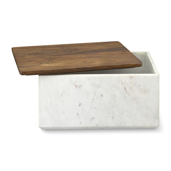 Sur La Table Marble & Acacia Bread Box, White