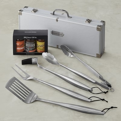 Williams Sonoma Stainless-Steel BBQ Utensils with WS Grill School Cookbook,  Set of 4