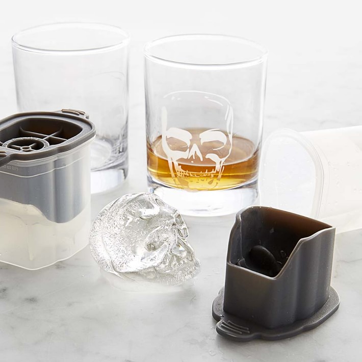 Skull Etched Glass &amp; Ice Mold Set