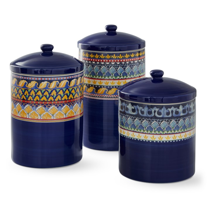 New French Country Royal Blue FLOUR SUGAR COFFEE CANISTER SET Crock Jars