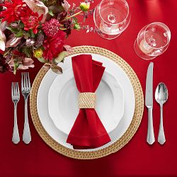 Painted Bunny Embroidered Linen Dinner Napkin, Red with Gold, Set of 2