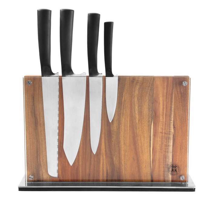 Hammered Stainless Steel Series 6-piece Knife Set + Acacia Wood Magnetic  Knife Holder - Style 1