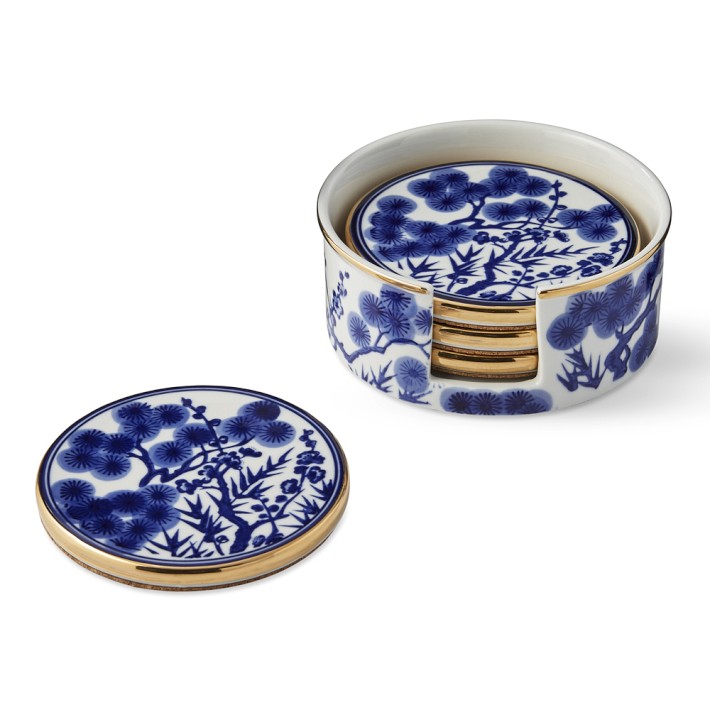 Blue and White Chinoiserie Ceramic Coasters with Holder