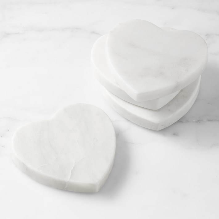 White Marble Heart Coasters, Set of 4
