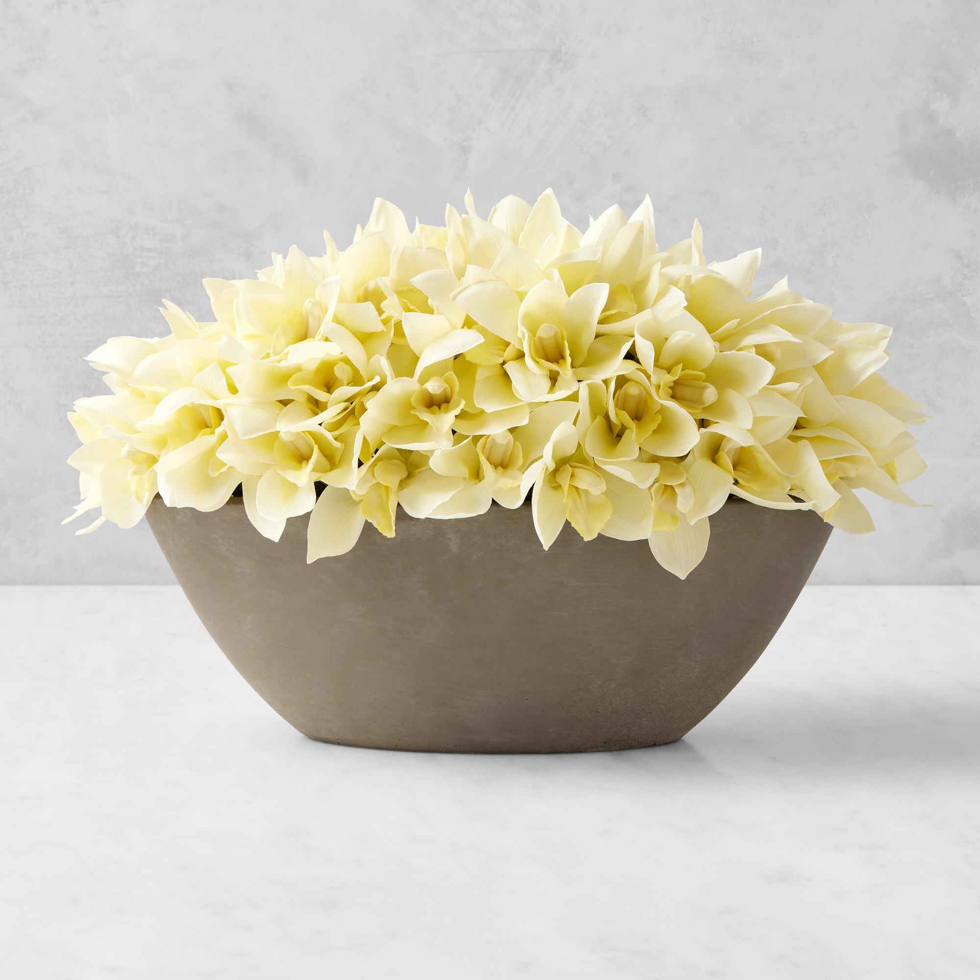 Jeff Leatham Faux White Cymbidium Orchid in Oval Bowl