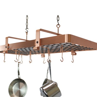 Forged Wrought Iron Lighted Pot Rack - Oval Copper - Iron Accents