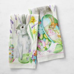 Williams Sonoma cotton kitchen dish tea towels, vintage style Easter bunny,  pink green plaid