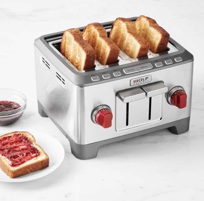 Wolf Gourmet 4-Slice Toaster, Stainless-Steel with Red Knobs