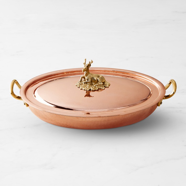 Ruffoni Historia Hammered Copper Covered Oval Gratin with Stag Knob, 3 1/2-Qt.