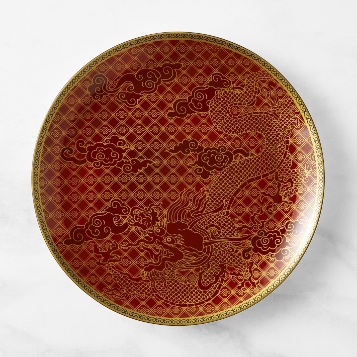 WILLIAMS SONOMA LUNAR New Year 2 Dinner Plates Red Gold Dragon
